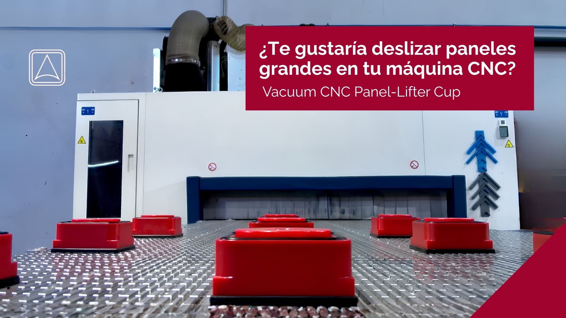 Ventosas alzapaneles Vacuum CNC con pistón integrado sobre mesa de máquina nesting — fijación por vacío para tableros de gran formato